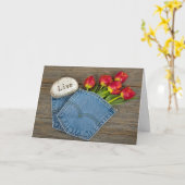 青いジーンのポケットのチューリップの花束 カード (黄色い花)