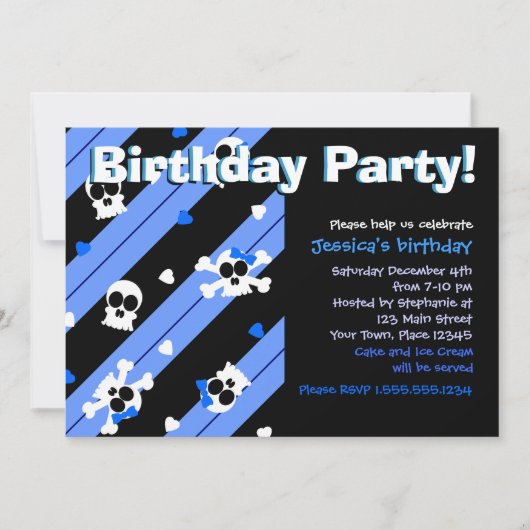 青いスカルおよびハートの誕生会 招待状 (正面)