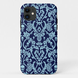 青いスカルのダマスク織パターン iPhone 11 ケース