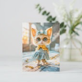 青いスカートとブラウスを着た大きな瞳の子猫 シーズンポストカード (スタンド正面)