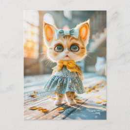 青いスカートとブラウスを着た大きな瞳の子猫 シーズンポストカード