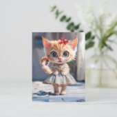 青いスカートとブラウスを着た子猫 シーズンポストカード (スタンド正面)