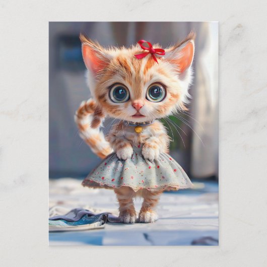 青いスカートとブラウスを着た子猫 シーズンポストカード (正面)