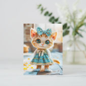 青いスカートとブラウスを着た子猫 シーズンポストカード (スタンド正面)