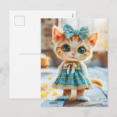 青いスカートとブラウスを着た子猫 シーズンポストカード (正面/裏面)