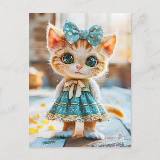 青いスカートとブラウスを着た子猫 シーズンポストカード (正面)