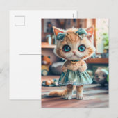 青いスカートとリボンを頭に付けた子猫 シーズンポストカード (正面/裏面)