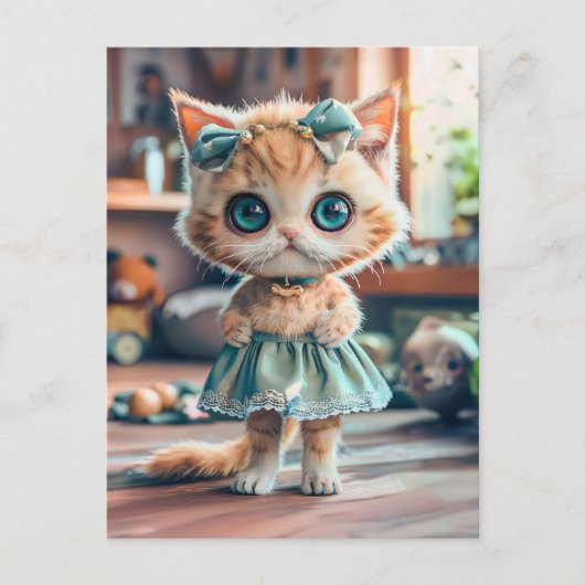 青いスカートとリボンを頭に付けた子猫 シーズンポストカード (正面)