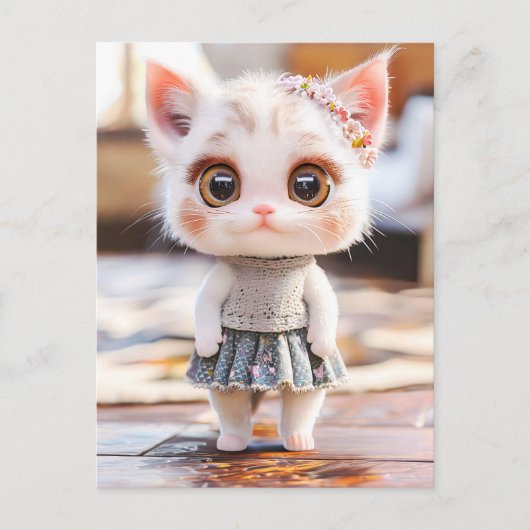 青いスカートと花柄のブラウスの子猫 シーズンポストカード (正面)