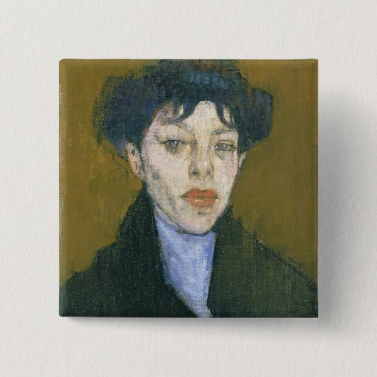 青いスカーフを持つ女性、c.1912 (キャンバスの油) 缶バッジ (正面)
