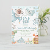 青いスキューバダイバー ワンダアンダーザシー 1歳の誕生日 招待状 (スタンド正面)