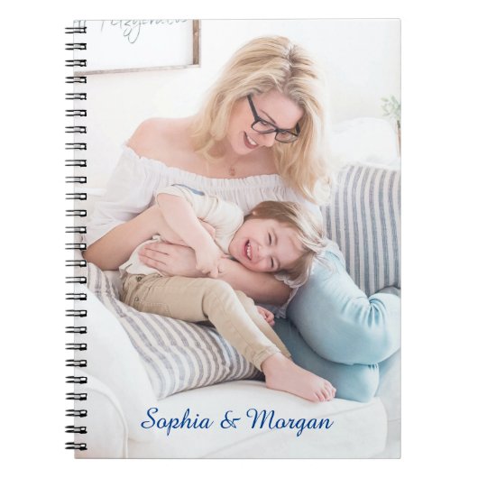 青いスクリプトの写真と名前 ノートブック (正面)