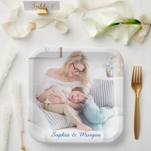 青いスクリプトの写真と名前 ペーパープレート (ウェディング)