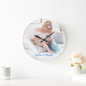 青いスクリプトの写真と名前 ラージ壁時計 (ホーム)