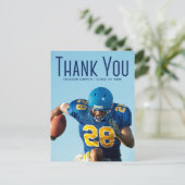 青いスクリプトオーバーレイの卒業写真感謝メッセージ ポストカード (スタンド正面)