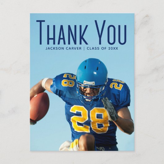 青いスクリプトオーバーレイの卒業写真感謝メッセージ ポストカード (正面)