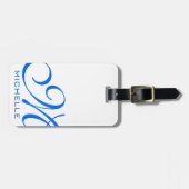 青いスクリプトモノグラムの白 ラゲッジタグ (正面横)