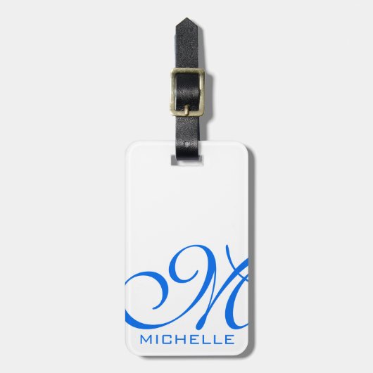 青いスクリプトモノグラムの白 ラゲッジタグ (正面縦)