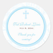 青いスクロール十字の宛名ラベルか好意のステッカー ラウンドシール (正面)