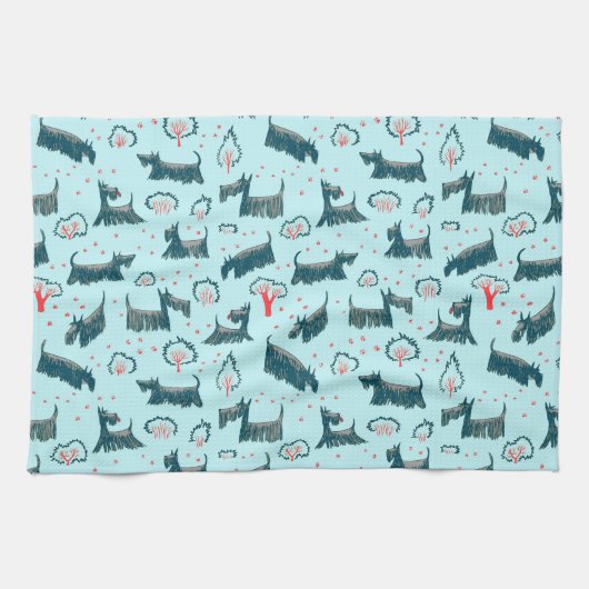 青いスコットランドテリアのスコッチテリアの小犬スコットランドペット キッチンタオル (横)