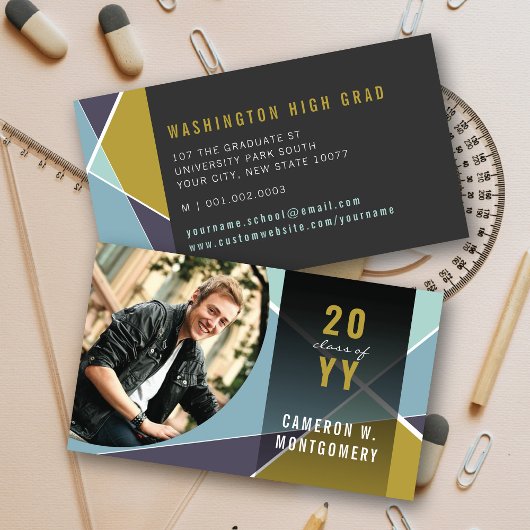 青いスタイリッシュ幾何学線モダン写真卒業 コーリングカード