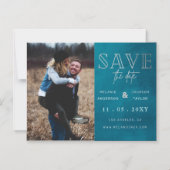 青いスタイリッシュ手書き写真日付の保存 マグネット招待状 (正面)