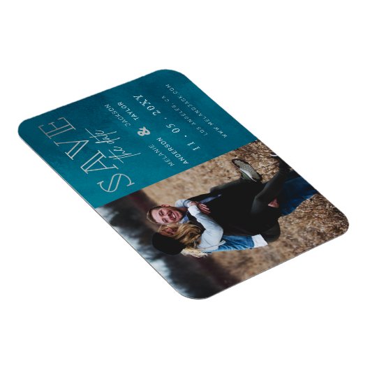 青いスタイリッシュ手書き写真日付の保存 マグネット (右側)