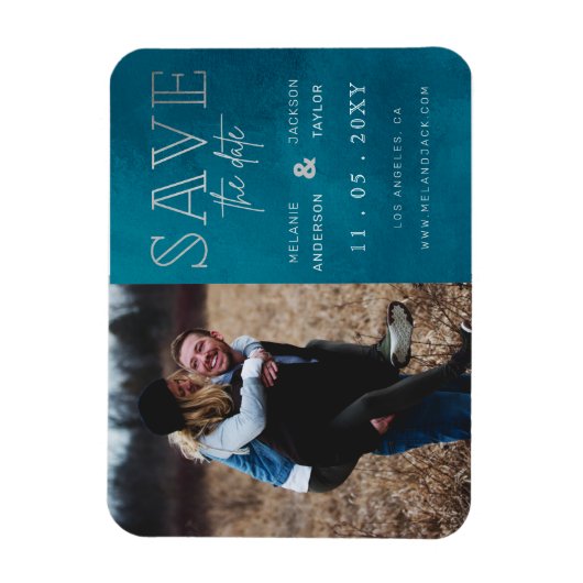 青いスタイリッシュ手書き写真日付の保存 マグネット (縦)