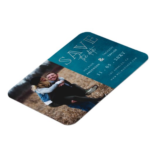 青いスタイリッシュ手書き写真日付の保存 マグネット (左側)