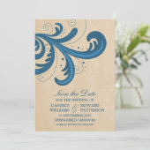 青いスタイリッシュ渦巻き形の保存招待状 セーブザデート (スタンド正面)