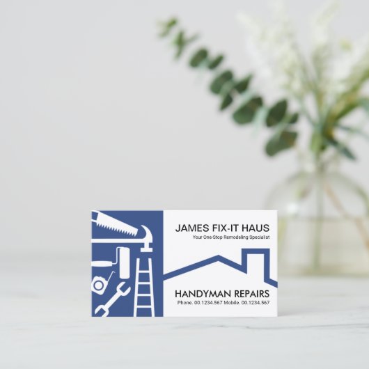 青いスタイリッシュHandyman Tools Layer Builder 名刺 (スタンド正面)