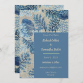 青いステッチフローラ結婚式の日付を保存 セーブザデート (正面/裏面)