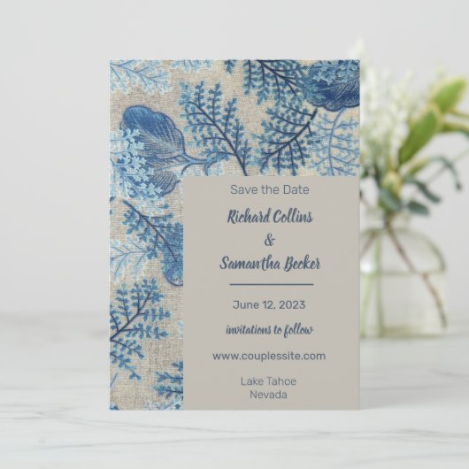 青いステッチフローラ結婚式の日付を保存 セーブザデート (スタンド正面)