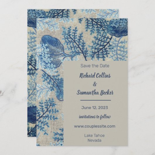 青いステッチフローラ結婚式の日付を保存 セーブザデート (正面/裏面)