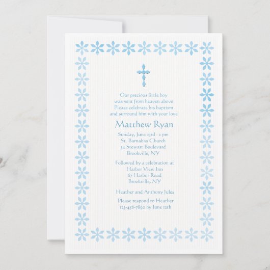 青いステンシル花フレーム 招待状 (正面)