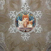 青いステンドグラスに浮かぶクリスマスの猫たち スノーフレークピューターオーナメント