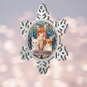 青いステンドグラスに浮かぶクリスマスの猫たち スノーフレークピューターオーナメント