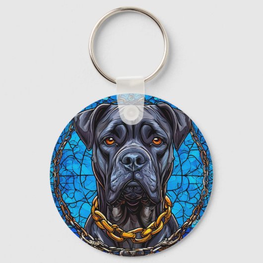 青いステンドグラスに鎖を付けた杖のコルソ犬 キーホルダー (正面)