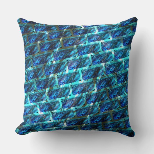 青いステンドグラゼット、グレーテッドまたは傾いたレンガの効果 クッション (正面)