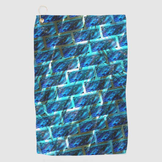 青いステンドグラゼット、グレーテッドまたは傾いたレンガの効果 ゴルフタオル (正面)