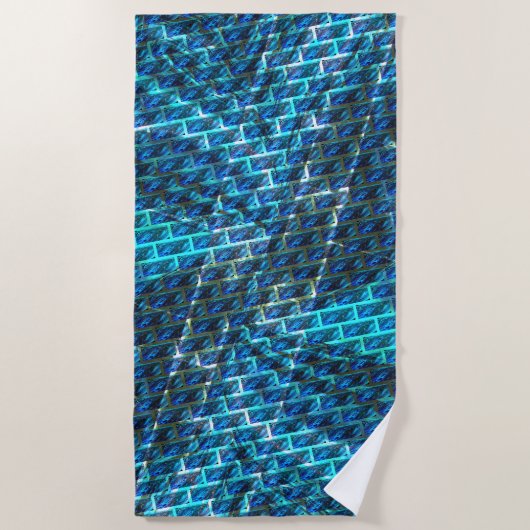 青いステンドグラゼット、グレーテッドまたは傾いたレンガの効果 ビーチタオル (正面)