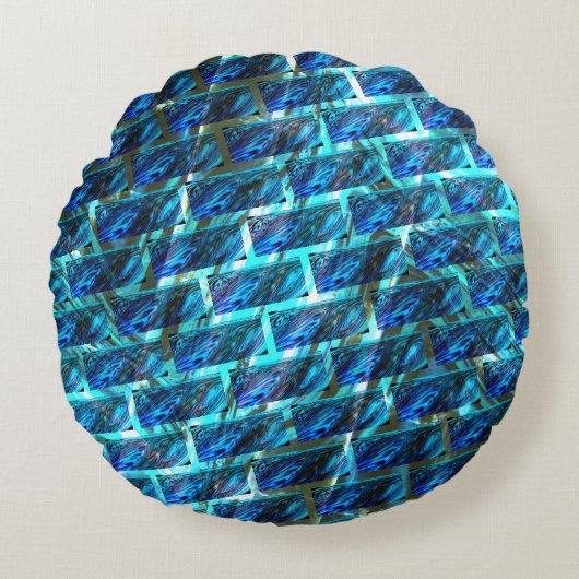 青いステンドグラゼット、グレーテッドまたは傾いたレンガの効果 ラウンドクッション (正面)