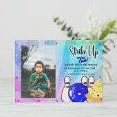 青いストライクで楽しく遊ぼう - ボウリングパーティーの写真付き招待状 招待状 (スタンド正面)