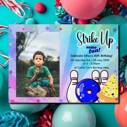 青いストライクで楽しく遊ぼう - ボウリングパーティーの写真付き招待状 招待状