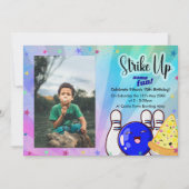 青いストライクアップいくつかのおもしろい、ボーリングと写真 招待状 (正面)