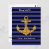 青いストライプに金の錨(カスタムカラー) ポストカード (正面/裏面)