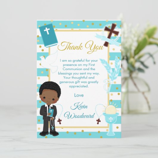 青いストライプのアフリカ系アメリカ人少年、初めての聖体拝領 サンキューカード (スタンド正面)