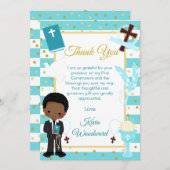 青いストライプのアフリカ系アメリカ人少年、初めての聖体拝領 サンキューカード (正面/裏面)