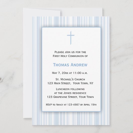 青いストライプのファーストコミュニオン 招待状 (正面)