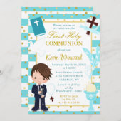 青いストライプの茶色の髪の少年　最初の聖体拝領 招待状 (正面/裏面)